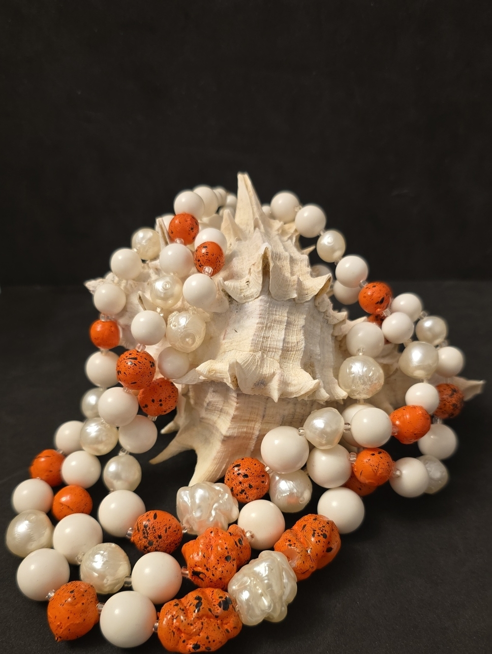White and Orange Beaded Statement Necklace Vintage 3 Strand